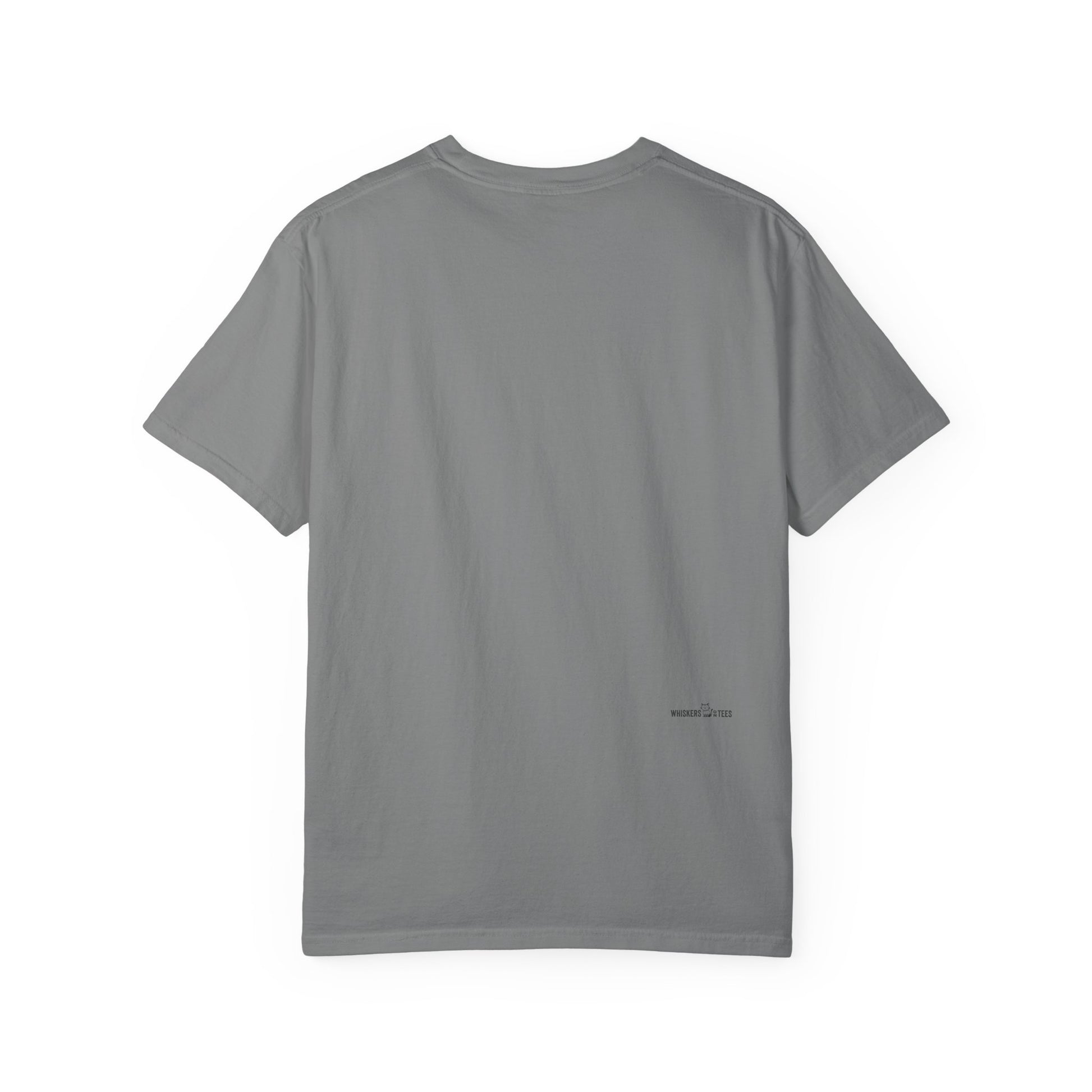 back side of a gray t-shirt showing a small logotype for "Whiskers On Tees"
