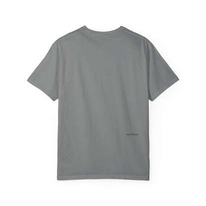back side of a gray t-shirt showing a small logotype for "Whiskers On Tees"