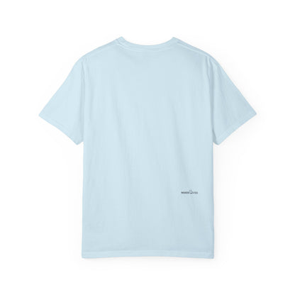 backside of light blue t-shirt with small logotype "Whiskers On Tees"