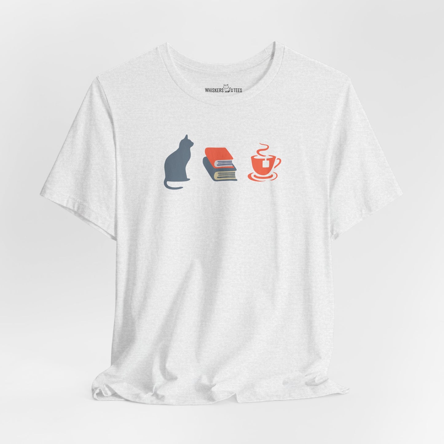 light gray heather graphic tee showing a powder-blue cat, orange and blue books, and orange tea cup