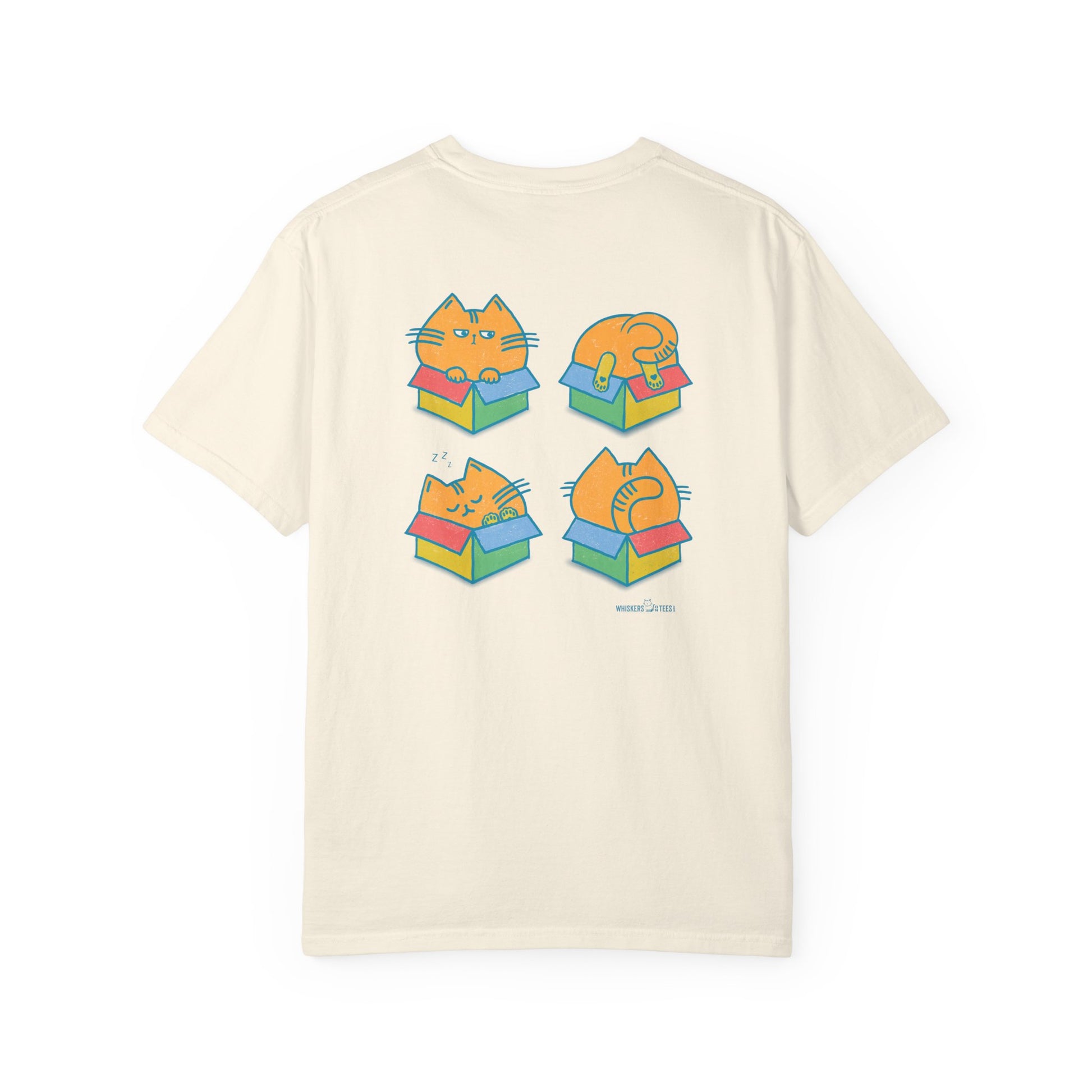 the backside of an ivory graphic t-shirt with four chubby orange cats, each in its own colorful box