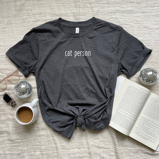 dark grey heather t-shirt with 'cat person' text in white