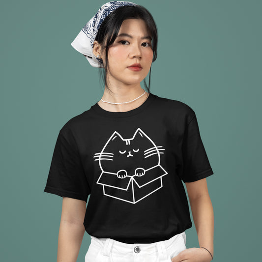 Person wearing a black t-shirt with a line drawing design of a chubby cat squeezed into a box