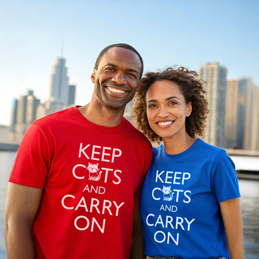 Two people wearing cat graphic t-shirts, one in red, the other in royal blue. Both shirts feature 'Keep Cats and Carry On' text on the front that incorporates the graphic of a nonchalant cat.