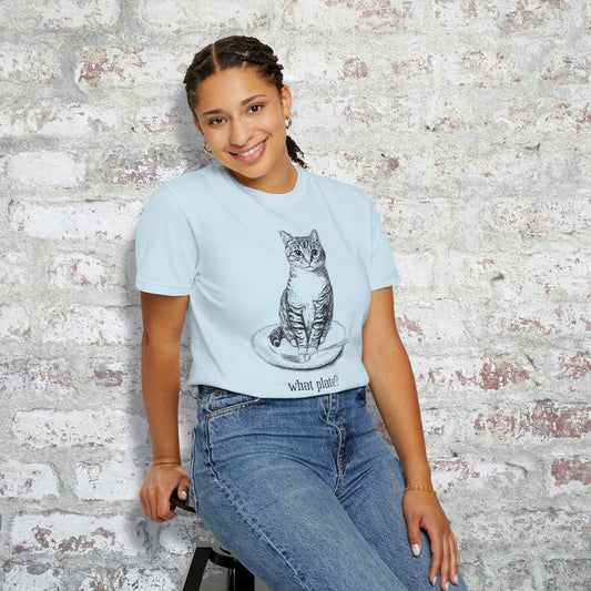 person wearing a light blue t-shirt with a detailed drawing of a cat on a dinner plate with fork, with text "What Plate?"